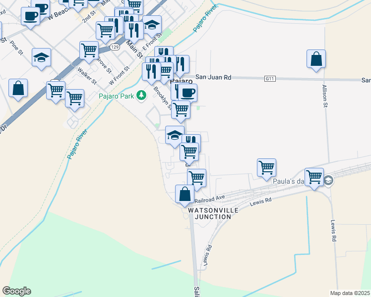 map of restaurants, bars, coffee shops, grocery stores, and more near 250 Salinas Road in Watsonville