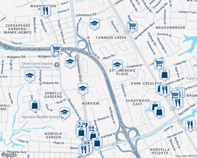 map of restaurants, bars, coffee shops, grocery stores, and more near 6523 Diesel Court in Norfolk