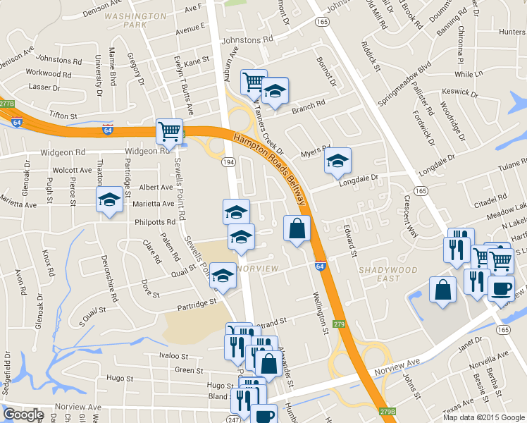 map of restaurants, bars, coffee shops, grocery stores, and more near 6514 Harvey Court in Norfolk