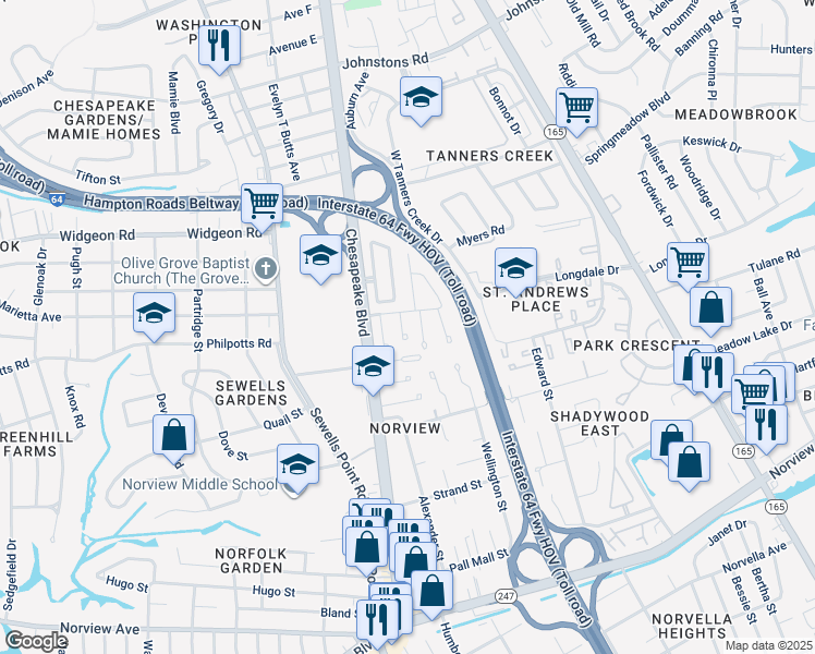 map of restaurants, bars, coffee shops, grocery stores, and more near 6514 Harvey Court in Norfolk
