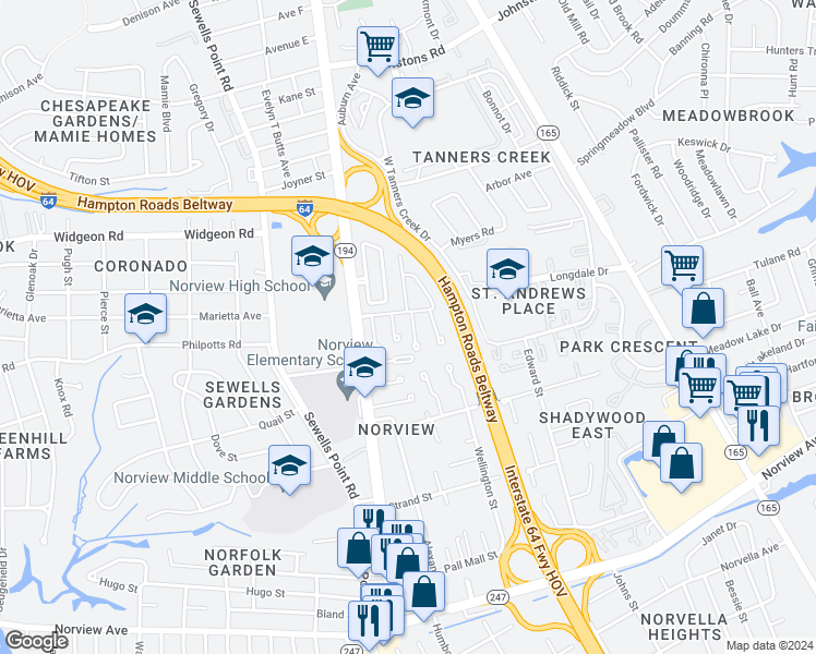 map of restaurants, bars, coffee shops, grocery stores, and more near 6529 Pasteur Court in Norfolk