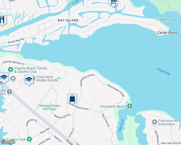 map of restaurants, bars, coffee shops, grocery stores, and more near 2281 Haversham Close in Virginia Beach