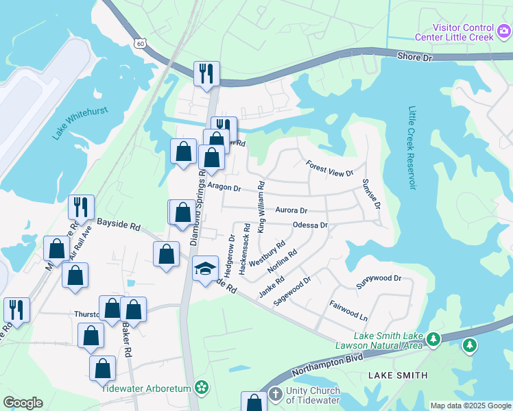 map of restaurants, bars, coffee shops, grocery stores, and more near 5597 Aragon Drive in Virginia Beach