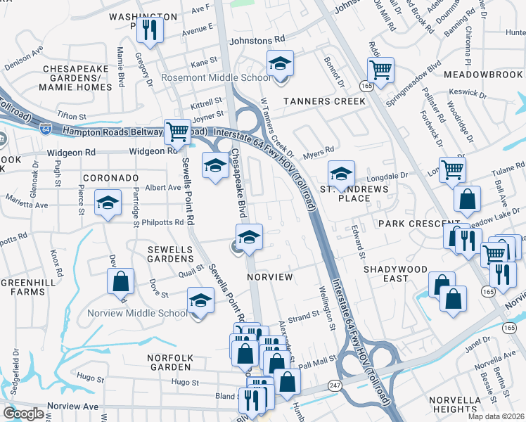 map of restaurants, bars, coffee shops, grocery stores, and more near 6601 Jefferson Court in Norfolk