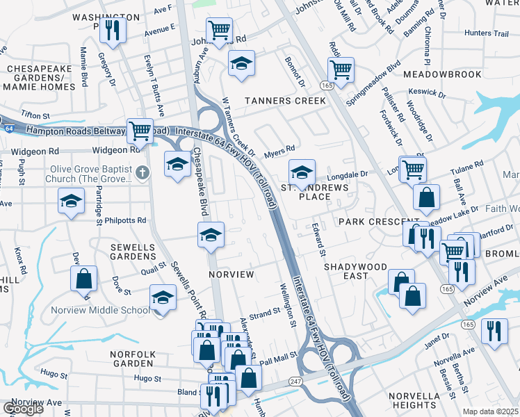 map of restaurants, bars, coffee shops, grocery stores, and more near 6520 Diesel Court in Norfolk