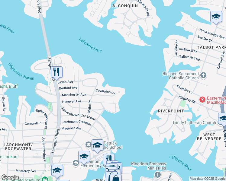 map of restaurants, bars, coffee shops, grocery stores, and more near 1010 Covington Lane in Norfolk