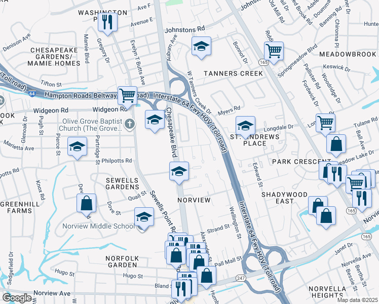 map of restaurants, bars, coffee shops, grocery stores, and more near 6601 Jefferson Court in Norfolk