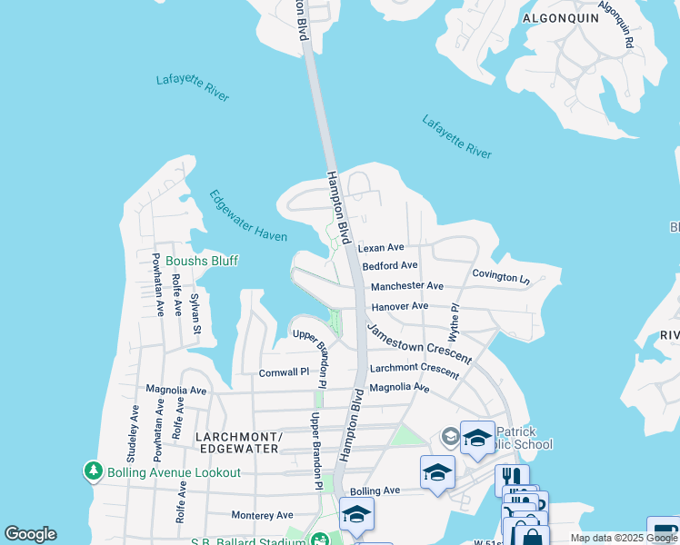 map of restaurants, bars, coffee shops, grocery stores, and more near 6308 Richmond Place in Norfolk