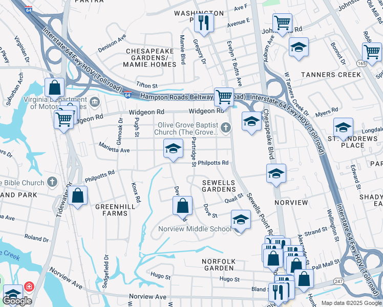 map of restaurants, bars, coffee shops, grocery stores, and more near 978 Marietta Avenue in Norfolk