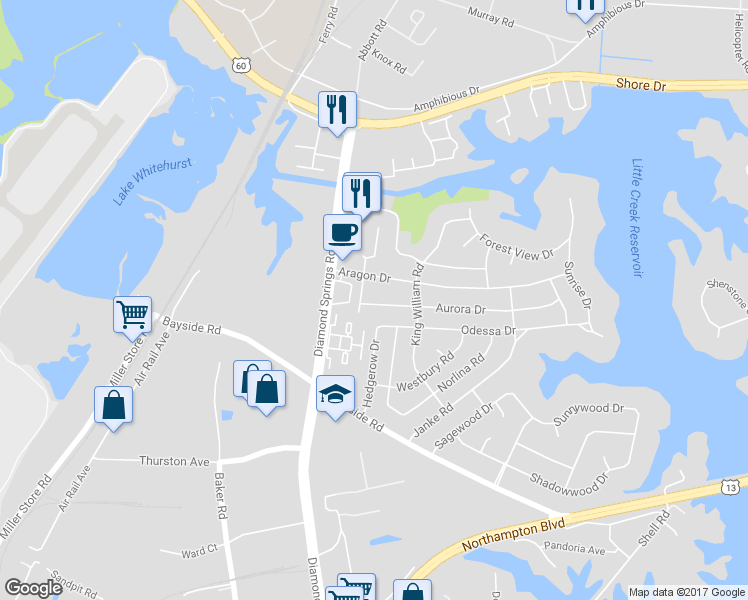 map of restaurants, bars, coffee shops, grocery stores, and more near 5628 Aurora Drive in Virginia Beach