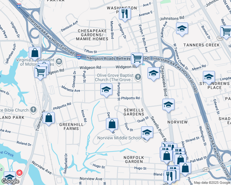 map of restaurants, bars, coffee shops, grocery stores, and more near 985 Marietta Avenue in Norfolk