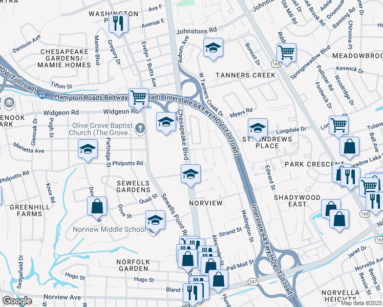 map of restaurants, bars, coffee shops, grocery stores, and more near 6533 Sorby Court in Norfolk