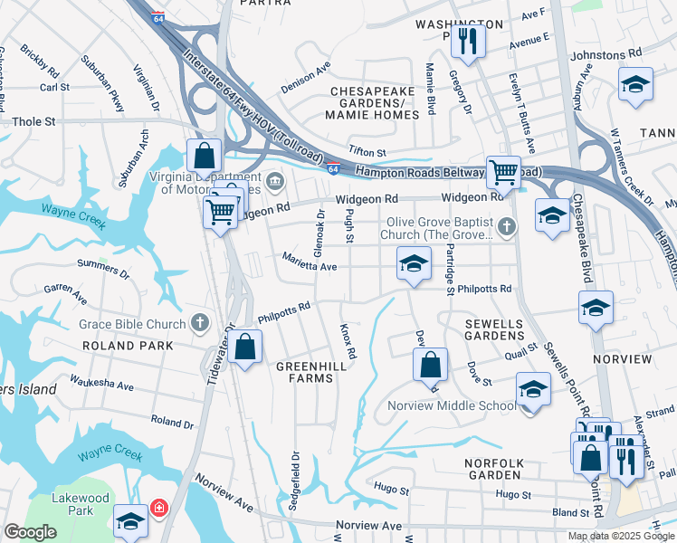 map of restaurants, bars, coffee shops, grocery stores, and more near 915 Marietta Avenue in Norfolk