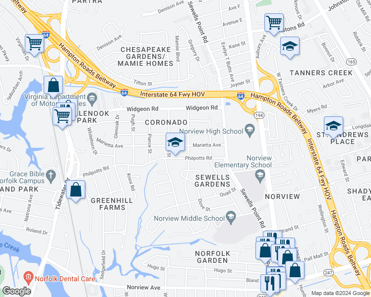 map of restaurants, bars, coffee shops, grocery stores, and more near 978 Marietta Avenue in Norfolk