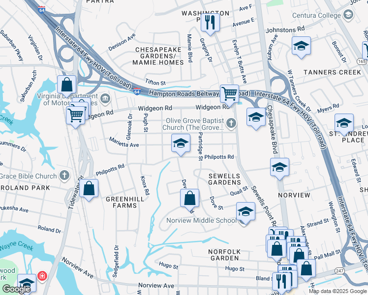 map of restaurants, bars, coffee shops, grocery stores, and more near 978 Marietta Avenue in Norfolk
