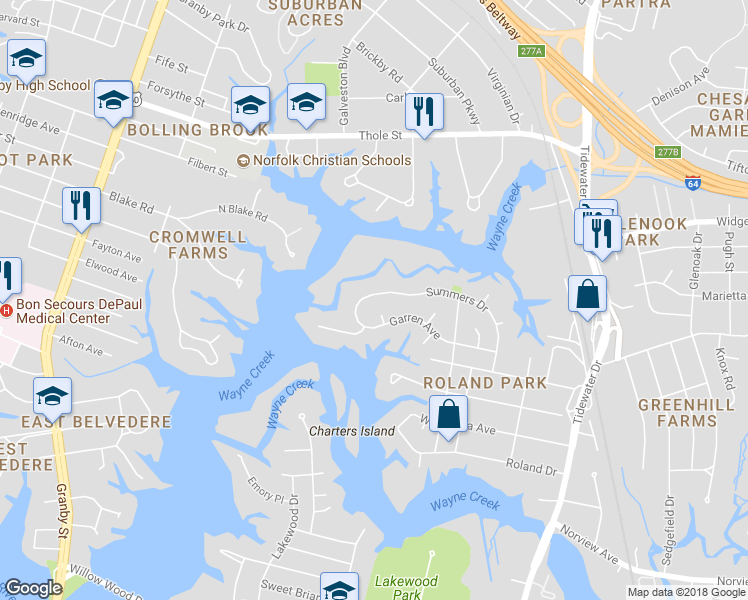 map of restaurants, bars, coffee shops, grocery stores, and more near 523 Summers Drive in Norfolk