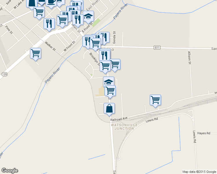 map of restaurants, bars, coffee shops, grocery stores, and more near 250 Salinas Road in Watsonville