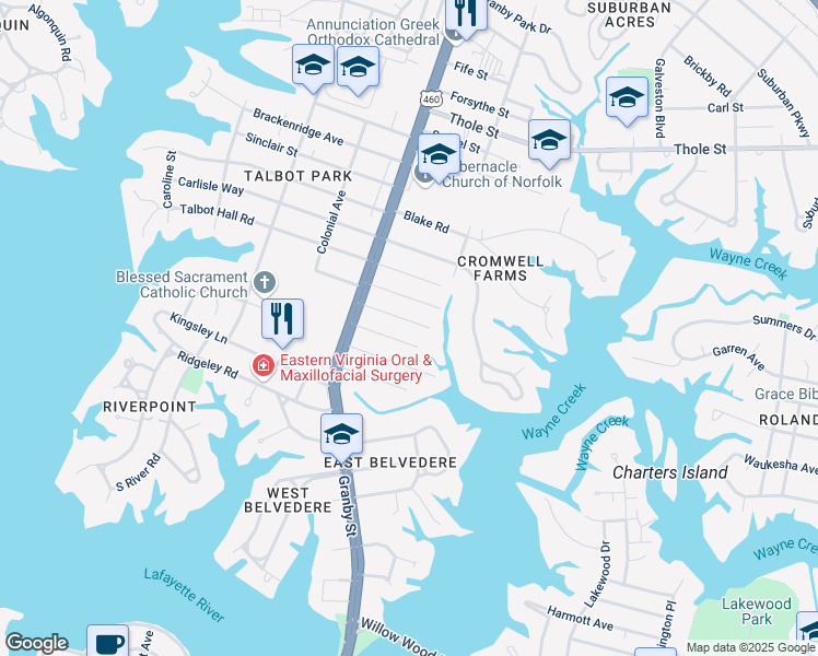 map of restaurants, bars, coffee shops, grocery stores, and more near 125 Dumont Avenue in Norfolk