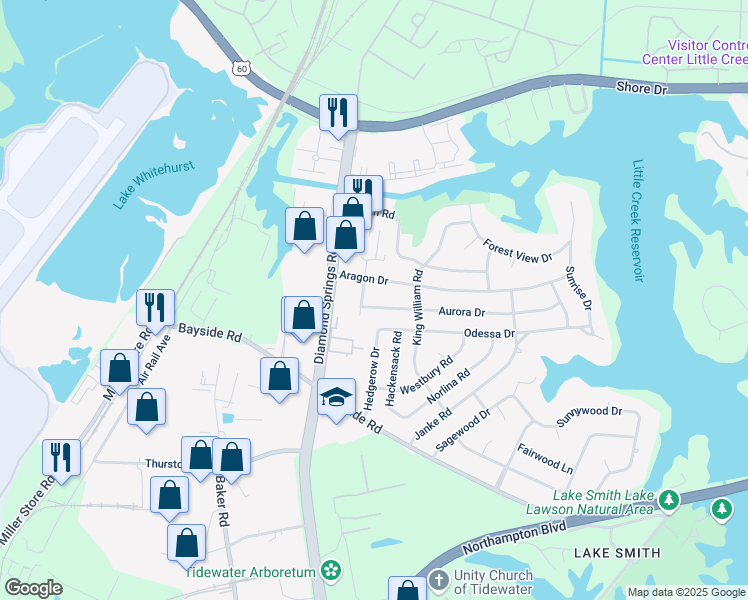 map of restaurants, bars, coffee shops, grocery stores, and more near 5628 Aurora Drive in Virginia Beach