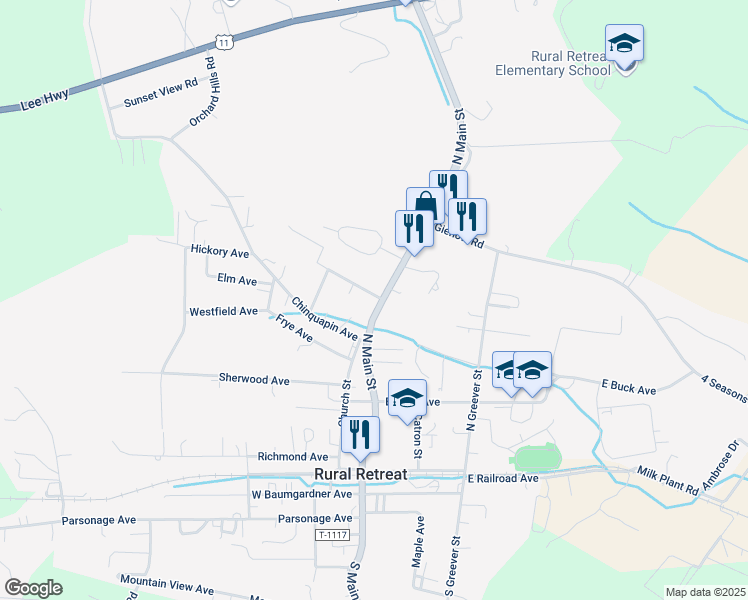 map of restaurants, bars, coffee shops, grocery stores, and more near 115 Jefferson Avenue in Rural Retreat