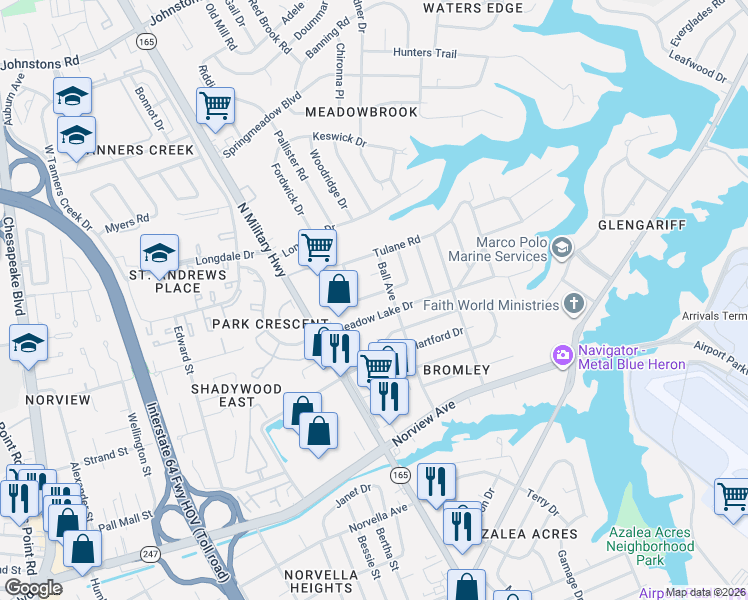 map of restaurants, bars, coffee shops, grocery stores, and more near 1712 Citadel Road in Norfolk