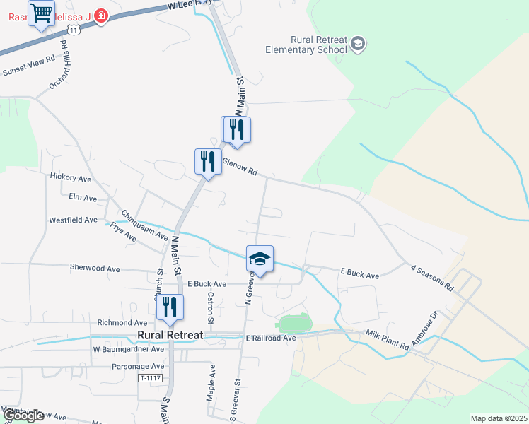 map of restaurants, bars, coffee shops, grocery stores, and more near Circle Drive in Rural Retreat