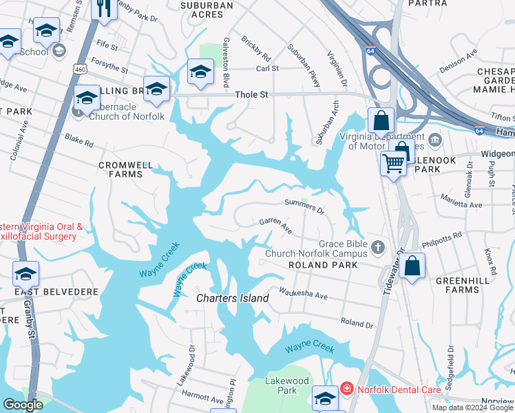 map of restaurants, bars, coffee shops, grocery stores, and more near 539 Summers Drive in Norfolk