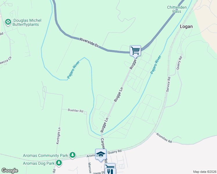 map of restaurants, bars, coffee shops, grocery stores, and more near 80 Rogge Lane in Watsonville