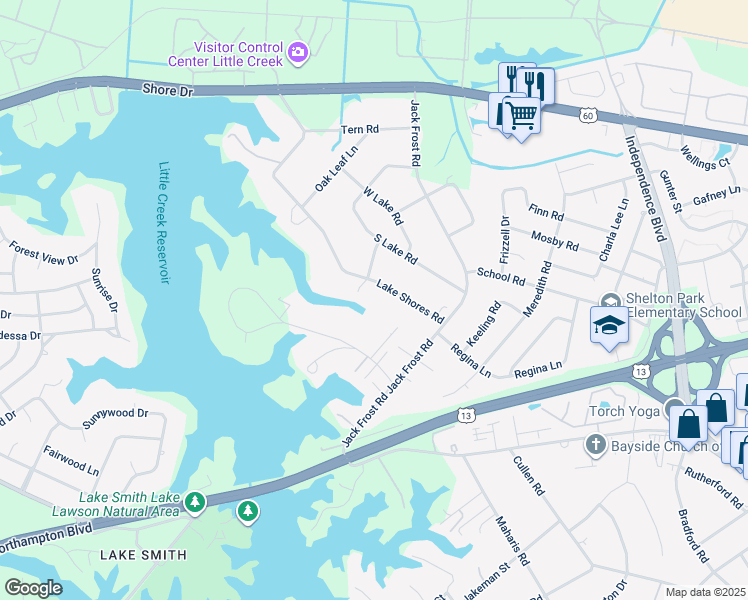 map of restaurants, bars, coffee shops, grocery stores, and more near 5131 Lake Shores Road in Virginia Beach