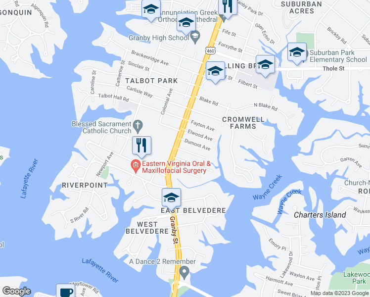 map of restaurants, bars, coffee shops, grocery stores, and more near 104 Conway Avenue in Norfolk