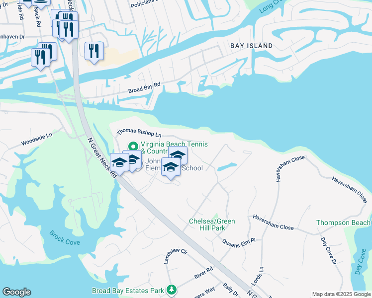 map of restaurants, bars, coffee shops, grocery stores, and more near 1993 Irish Bank Drive in Virginia Beach
