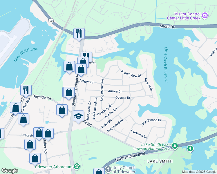 map of restaurants, bars, coffee shops, grocery stores, and more near 5597 Aragon Drive in Virginia Beach
