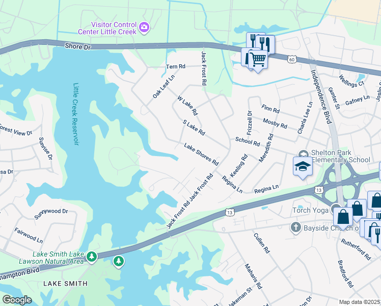 map of restaurants, bars, coffee shops, grocery stores, and more near 5125 Lake Shores Road in Virginia Beach