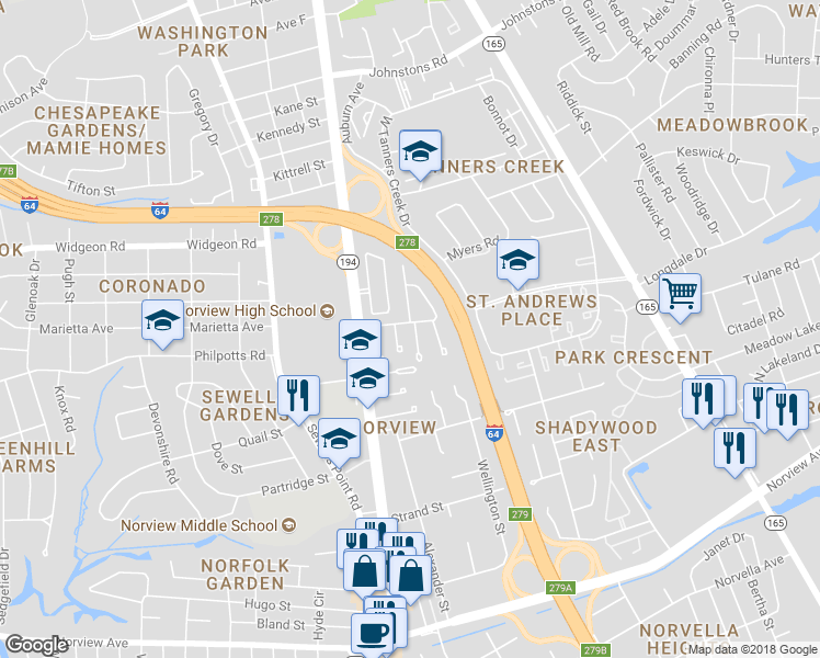 map of restaurants, bars, coffee shops, grocery stores, and more near 6539 Pasteur Court in Norfolk