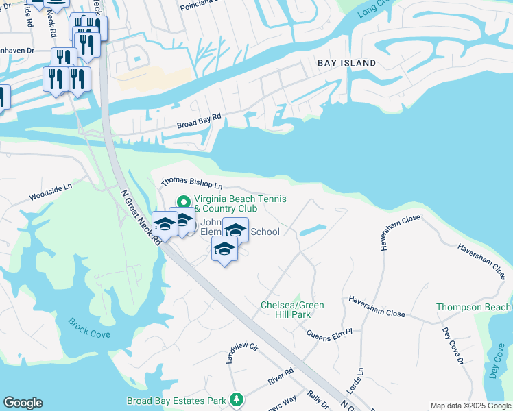 map of restaurants, bars, coffee shops, grocery stores, and more near 1993 Irish Bank Drive in Virginia Beach