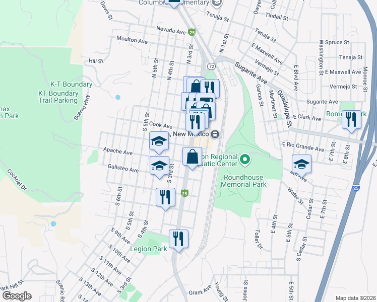 map of restaurants, bars, coffee shops, grocery stores, and more near 303 South 3rd Street in Raton