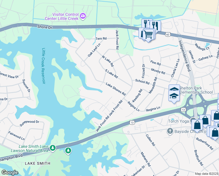 map of restaurants, bars, coffee shops, grocery stores, and more near 5125 Lake Shores Road in Virginia Beach