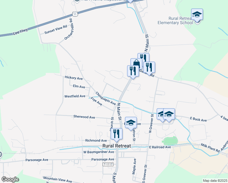 map of restaurants, bars, coffee shops, grocery stores, and more near 115 Jefferson Avenue in Rural Retreat