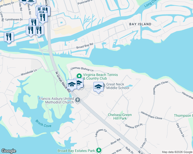 map of restaurants, bars, coffee shops, grocery stores, and more near 2064 Thomas Bishop Lane in Virginia Beach