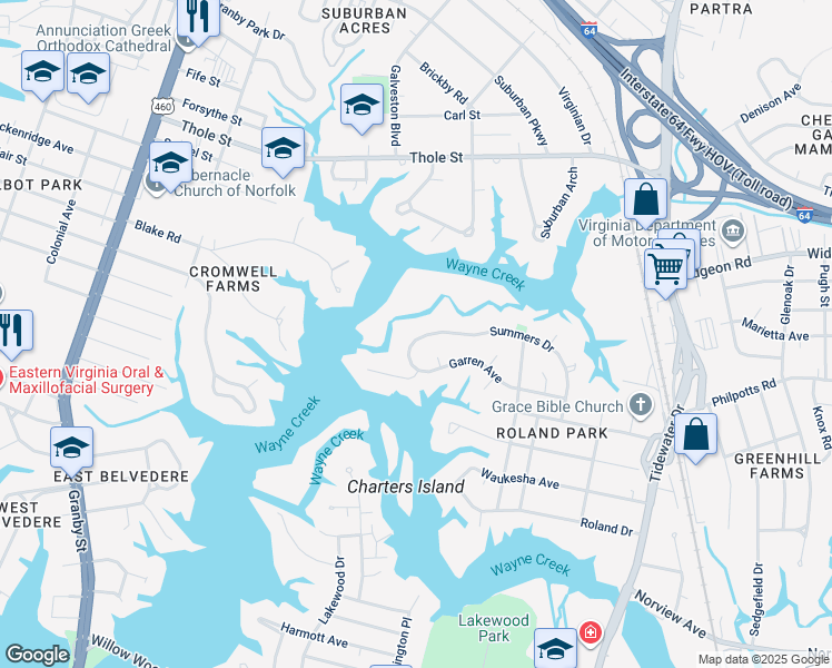 map of restaurants, bars, coffee shops, grocery stores, and more near 516 Summers Drive in Norfolk