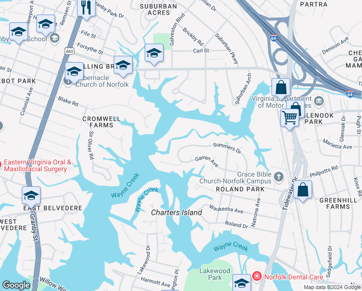 map of restaurants, bars, coffee shops, grocery stores, and more near 516 Summers Drive in Norfolk