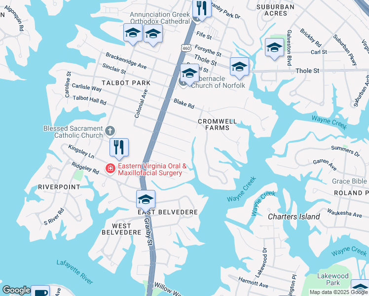 map of restaurants, bars, coffee shops, grocery stores, and more near 128 Dumont Avenue in Norfolk