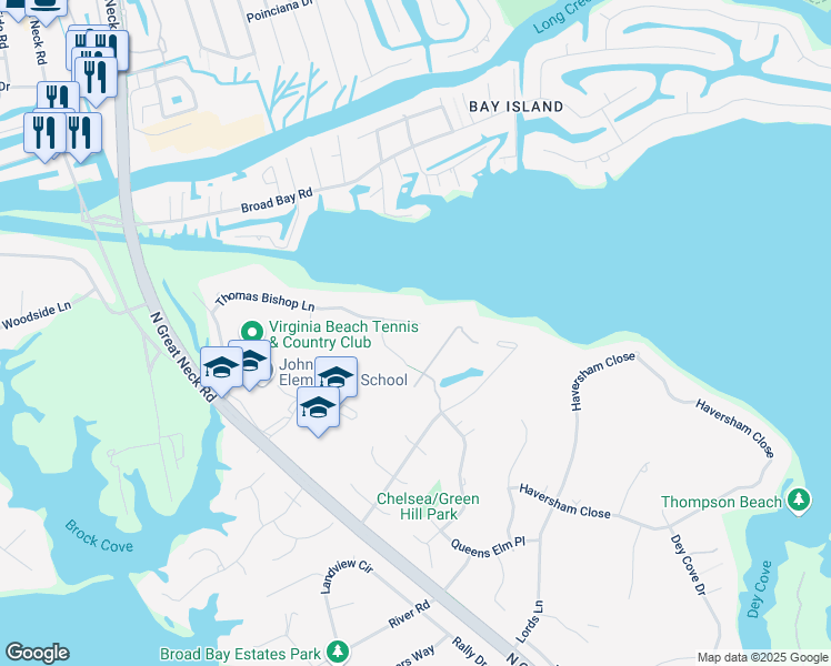 map of restaurants, bars, coffee shops, grocery stores, and more near 2092 Thomas Bishop Lane in Virginia Beach