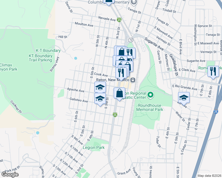 map of restaurants, bars, coffee shops, grocery stores, and more near 303 South 3rd Street in Raton