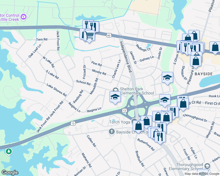 map of restaurants, bars, coffee shops, grocery stores, and more near 5040 School Road in Virginia Beach