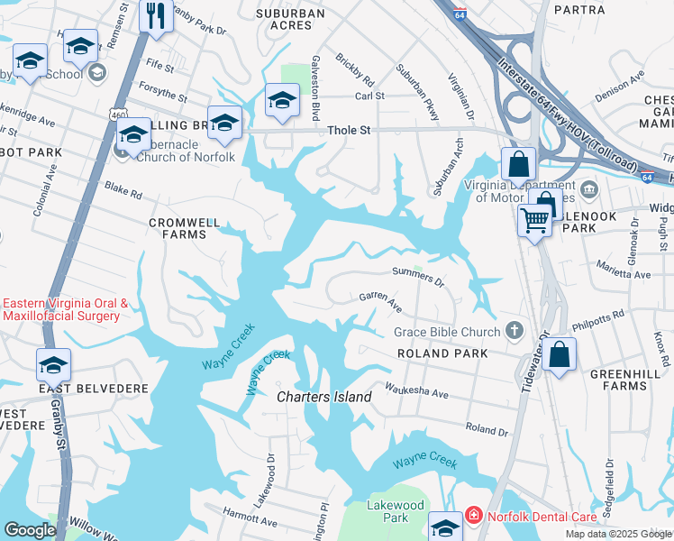 map of restaurants, bars, coffee shops, grocery stores, and more near 520 Summers Drive in Norfolk