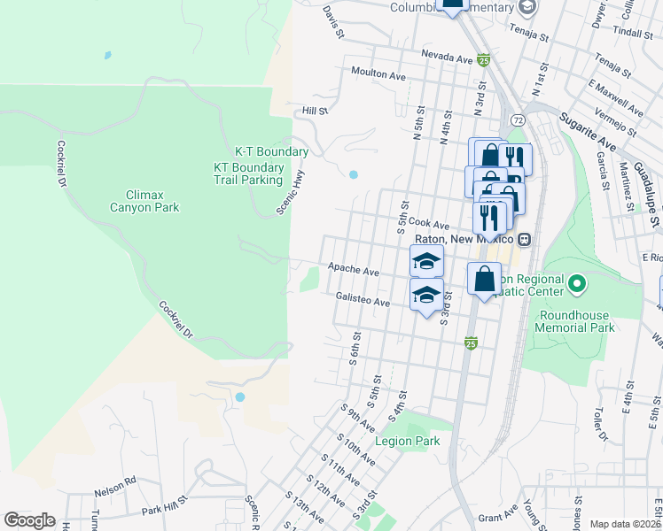 map of restaurants, bars, coffee shops, grocery stores, and more near South 8th Street in Raton