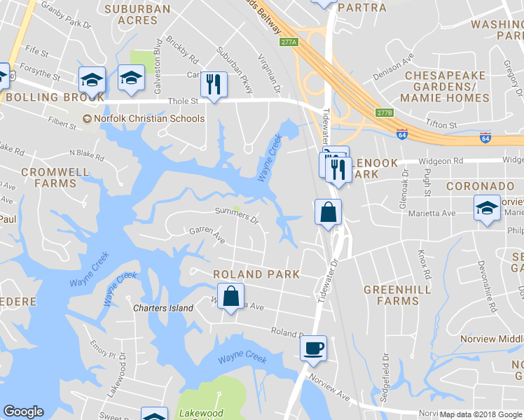 map of restaurants, bars, coffee shops, grocery stores, and more near 6512 Eva Circle in Norfolk