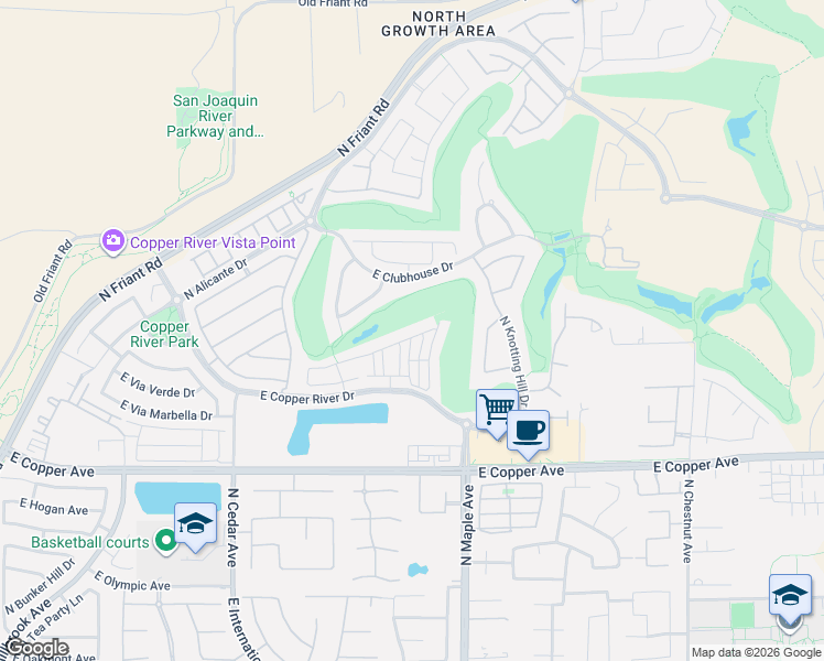 map of restaurants, bars, coffee shops, grocery stores, and more near 1850 East Green Sage Avenue in Fresno
