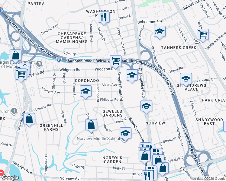 map of restaurants, bars, coffee shops, grocery stores, and more near 6600 Palem Rd in Norfolk